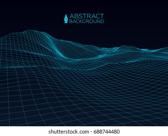 Abstract wireframe landscape background. Wireframe 3D landscape mountains. Abstract vector background for presentations. Network cyber technology. Futuristic 3D cartography.