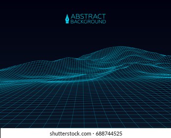 Abstract wireframe landscape background. Wireframe 3D landscape mountains. Abstract vector background for presentations. Network cyber technology. Futuristic 3D cartography.