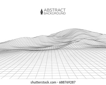 Abstract wireframe landscape background. Wireframe 3D landscape mountains. Abstract vector background for presentations. Network cyber technology. Futuristic 3D cartography.