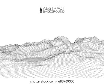 Abstract wireframe landscape background. Wireframe 3D landscape mountains. Abstract vector background for presentations. Network cyber technology. Futuristic 3D cartography.