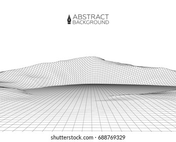 Abstract wireframe landscape background. Wireframe 3D landscape mountains. Abstract vector background for presentations. Network cyber technology. Futuristic 3D cartography.
