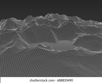 Abstract wireframe landscape background. Wireframe 3D landscape mountains. Abstract vector background for presentations. Network cyber technology. Futuristic 3D cartography.