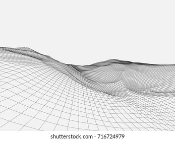 Abstract wireframe landscape background. Wireframe 3D landscape mountains. Abstract vector background for presentations. Network cyber technology. Futuristic 3D cartography.