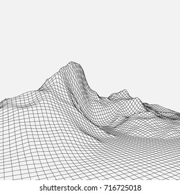 Abstract wireframe landscape background. Wireframe 3D landscape mountains. Abstract vector background for presentations. Network cyber technology. Futuristic 3D cartography.