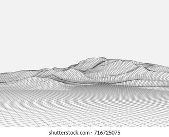 Abstract wireframe landscape background. Wireframe 3D landscape mountains. Abstract vector background for presentations. Network cyber technology. Futuristic 3D cartography.