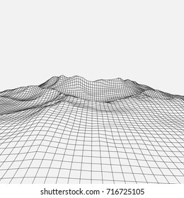 Abstract wireframe landscape background. Wireframe 3D landscape mountains. Abstract vector background for presentations. Network cyber technology. Futuristic 3D cartography.