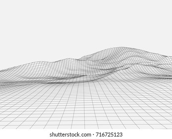 Abstract wireframe landscape background. Wireframe 3D landscape mountains. Abstract vector background for presentations. Network cyber technology. Futuristic 3D cartography.