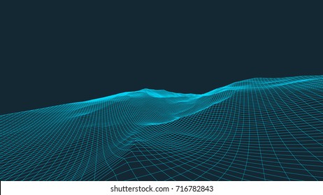 Abstract wireframe landscape background. Wireframe 3D landscape mountains. Abstract vector background for presentations. Network cyber technology. Futuristic 3D cartography.