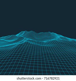 Abstract wireframe landscape background. Wireframe 3D landscape mountains. Abstract vector background for presentations. Network cyber technology. Futuristic 3D cartography.