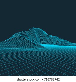 Abstract wireframe landscape background. Wireframe 3D landscape mountains. Abstract vector background for presentations. Network cyber technology. Futuristic 3D cartography.