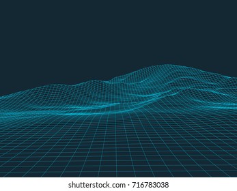 Abstract wireframe landscape background. Wireframe 3D landscape mountains. Abstract vector background for presentations. Network cyber technology. Futuristic 3D cartography.