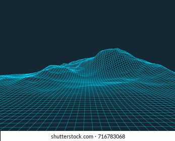 Abstract wireframe landscape background. Wireframe 3D landscape mountains. Abstract vector background for presentations. Network cyber technology. Futuristic 3D cartography.