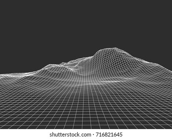Abstract wireframe landscape background. Wireframe 3D landscape mountains. Abstract vector background for presentations. Network cyber technology. Futuristic 3D cartography.