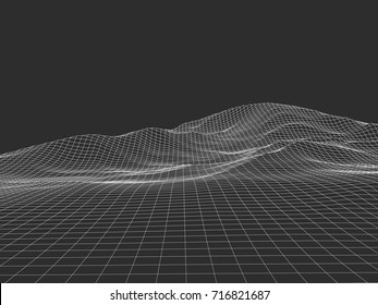 Abstract wireframe landscape background. Wireframe 3D landscape mountains. Abstract vector background for presentations. Network cyber technology. Futuristic 3D cartography.
