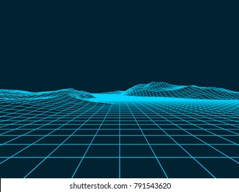 Abstract wireframe landscape background. Wireframe 3D landscape mountains. Abstract vector background for presentations. Network cyber technology. Futuristic 3D wireframe cartography.