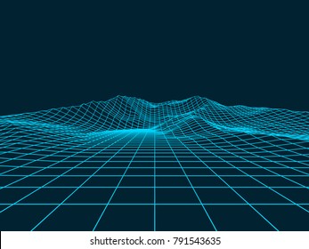 Abstract wireframe landscape background. Wireframe 3D landscape mountains. Abstract vector background for presentations. Network cyber technology. Futuristic 3D wireframe cartography.