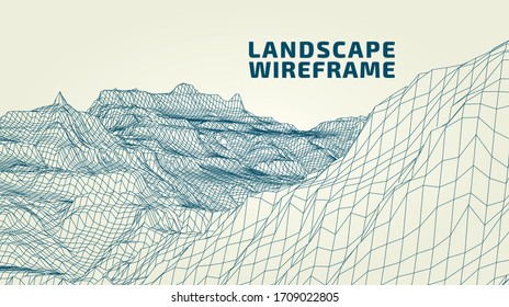 Abstrakter Wireframe-Hintergrund Canyon. 3D-Rastertechnik-Illustrationslandschaft. Digitales Terrain Cyberspace in den Bergen mit Schlucht, Defile, Lücke. Datenarray. | EPS10 - Vektorillustration.