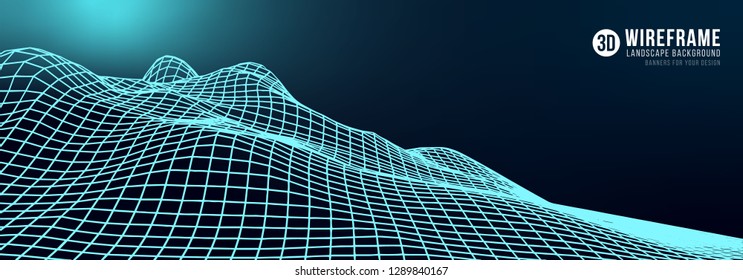Abstract wireframe landscape background. Cyberspace neon blue grid. 3d technology vector illustration.