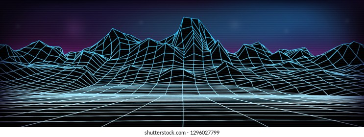 Abstract wireframe landscape background. Cyberspace neon blue grid. 3d mountine vector illustration.