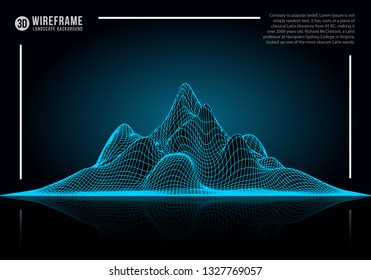 Abstract wireframe landscape background. Cyberspace neon blue mountine vector illustration.