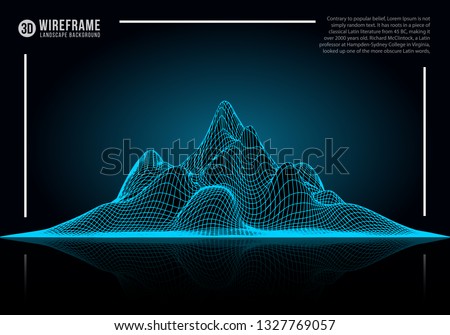 Abstract wireframe landscape background. Cyberspace neon blue mountine vector illustration.