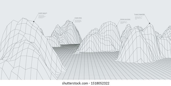 Abstract wireframe landscape background. Futuristic cyberspace grid. Big data concept with lines.