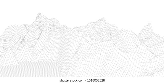 Abstract wireframe landscape background. Futuristic cyberspace grid. Big data concept with lines.