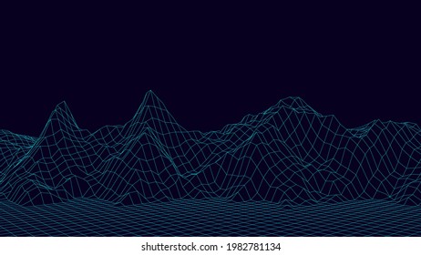 Resumen del paisaje de la estructura alambrada, fondo digital. 3d rejilla de tecnología vectorial. Ilustración vectorial.
