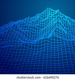 Abstract wireframe landscape digital background. Cyberspace grid. Technology vector illustration.