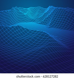 Abstract wireframe landscape digital background. Cyberspace grid. Technology vector illustration.