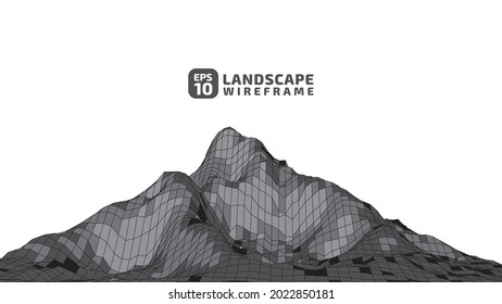 Abstract wireframe landscape in gray tone style. 3D mesh technology illustration background. Digital cyberspace terrain in mountains with valleys. Design material. Data array. Vector illustration.