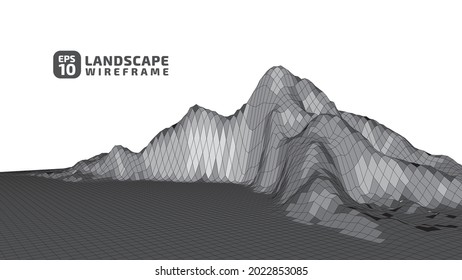 Abstract wireframe landscape in gray tone style. 3D mesh technology illustration background. Digital cyberspace terrain in mountains with valleys. Design material. Data array. Vector illustration.
