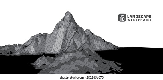 Abstract wireframe landscape in gray tone style. 3D mesh technology illustration background. Digital cyberspace terrain in mountains with valleys. Design material. Data array. Vector illustration.