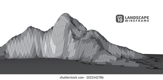 Abstract wireframe landscape in gray tone style. 3D mesh technology illustration background. Digital cyberspace terrain in mountains with valleys. Design material. Data array. Vector illustration.
