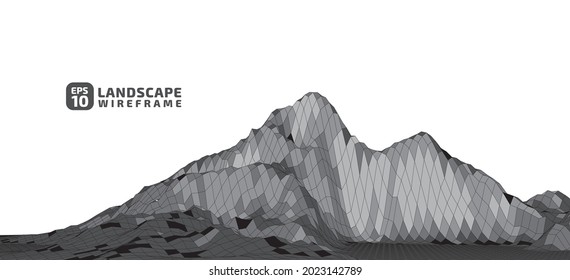 Abstract wireframe landscape in gray tone style. 3D mesh technology illustration background. Digital cyberspace terrain in mountains with valleys. Design material. Data array. Vector illustration.