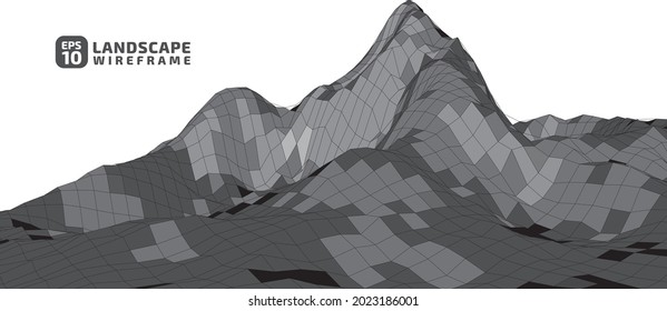 Abstrakte Wireframe-Landschaft im Grauton-Stil. 3D-Messtechnik, Illustration Hintergrund. Digitales Cyberspace Gelände in Bergen mit Tälern. Design-Material. Datenarray. Vektorgrafik.