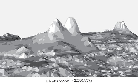 Abstract wireframe landscape in gray tone style. 3D mesh technology illustration background. Digital cyberspace terrain in mountains with valleys. Shadows polygon. Data array. Vector illustration.