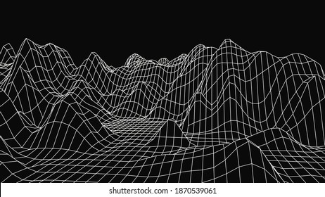Abstract wireframe landscape on black background. Technology vector grid. Digital futuristic wave.