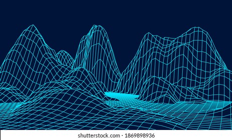 Abstract wireframe landscape on blue background. Technology vector grid. Digital futuristic wave.