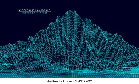 Abstract wireframe landscape on green background. Technology vector grid. Digital futuristic wave.