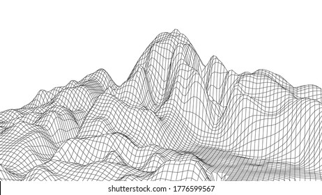 Abstract wireframe landscape on white background. Technology vector grid. Digital futuristic wave.