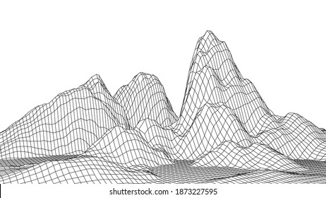 Resumen del paisaje del marco alambrado sobre fondo blanco. Cuadrícula vectorial de tecnología. Ola futurista digital.