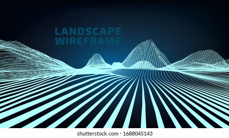 Abstract wireframe landscape of only one parallel lines, background. 3D mesh technology perspective illustration. Cyberspace digital terrain in the mountains with valleys. Data array. Vector.