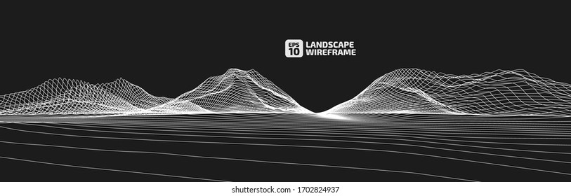 Abstract wireframe landscape of only one parallel lines, background. 3D mesh technology perspective illustration. Cyberspace digital terrain in the mountains with valleys. Data array. Vector.