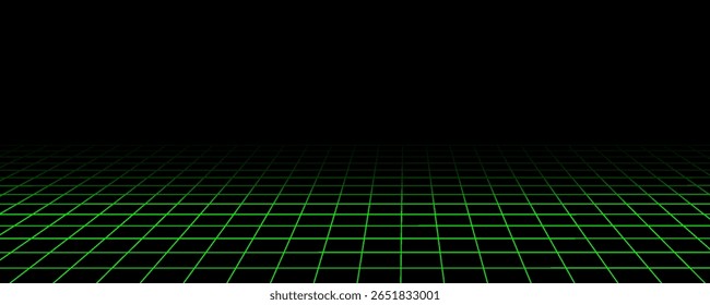 Abstract wireframe landscape perspective. Vector realistic illustration of green grid pattern on transparent black. Retro futuristic virtual cyber space background, digital mesh surface design