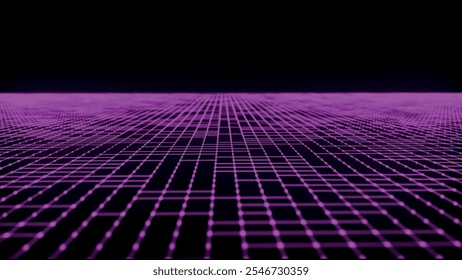 Abstract wireframe landscape. Vector perspective grid on dark background. Detailed lines on black background. Perspective tile floor. Detailed grid lines in infinity