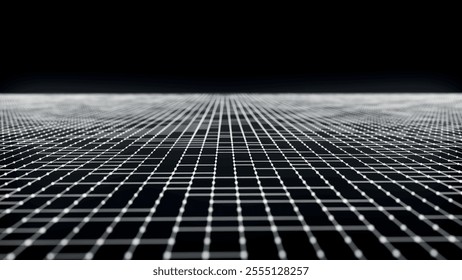 Abstract wireframe landscape. Vector perspective grid on dark background. Detailed lines on black background. Perspective tile floor. Detailed grid lines in infinity