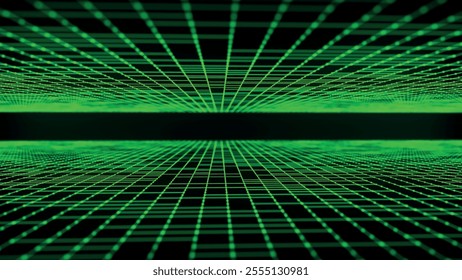 Abstract wireframe landscape. Vector perspective grid on dark background. Detailed lines on black background. Checkered background. Detailed grid lines in infinity