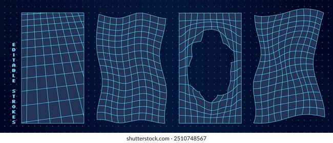 Formas Abstractas de malla de alambre en forma 3D. Líneas geométricas distorsionadas en el diseño cibernético dinámico. Estética futurista Y2K, con innovadores Elementos de patrones digitales.