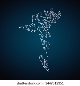 Abstract wireframe mesh polygonal Faroe Island map. Vector low poly global map with lights in the form of cities. Vector illustration.